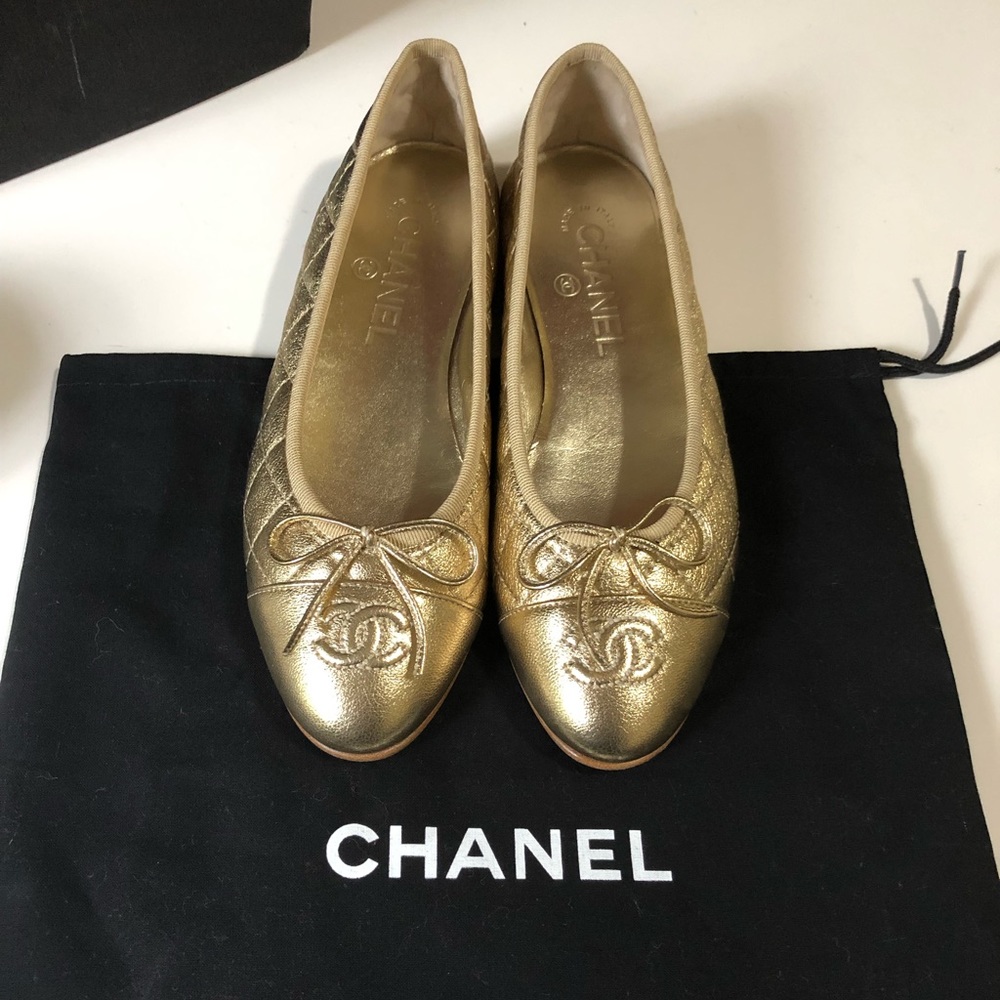 Chanel Gold Leather Quilted Flats
